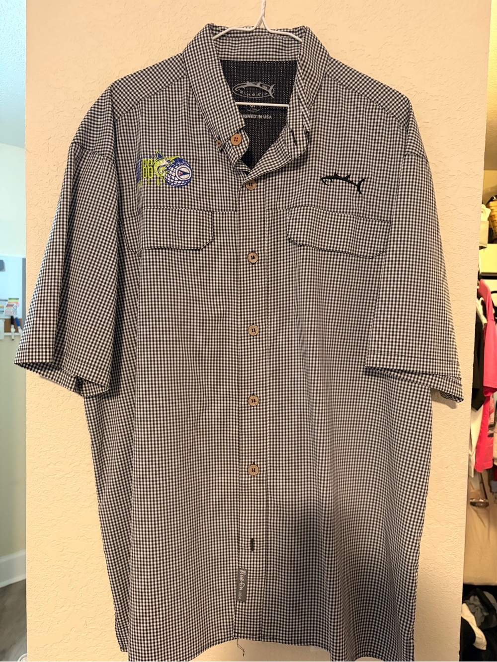 Bluefin USA Fishing Shirt XL Black White Gingham Short Sleeve Button Up